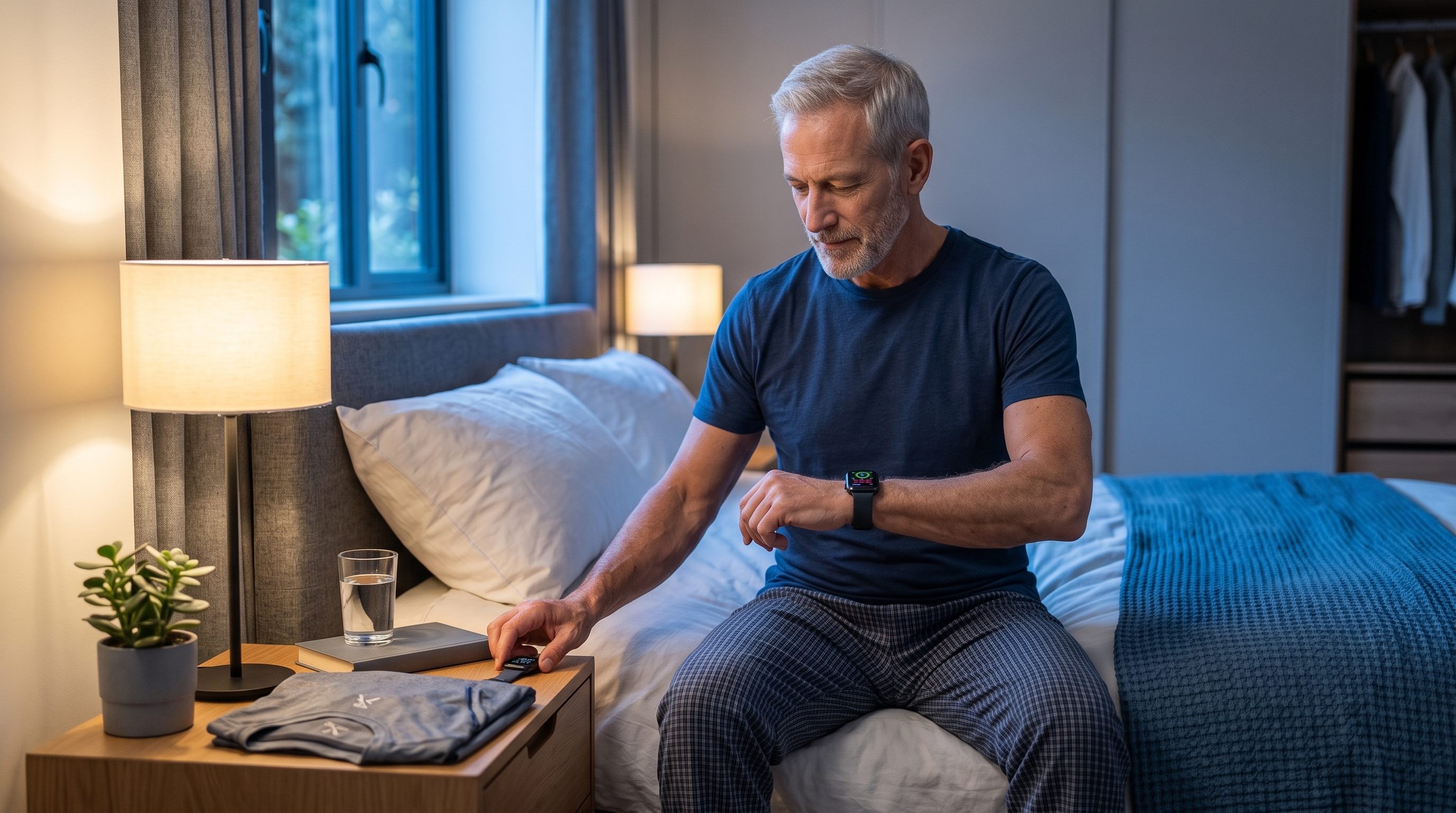 Man over 50 sleeping in a dark bedroom after a strength-training day