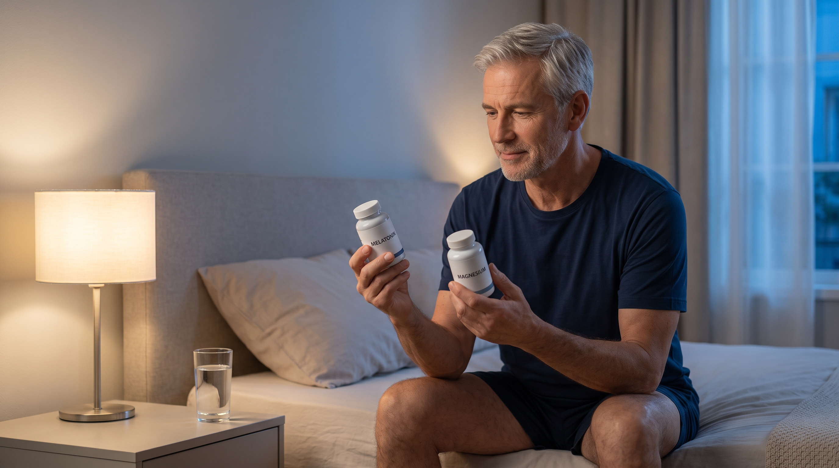 Sleep supplement bottles, magnesium capsules and a bedside glass of water arranged for a man over 50