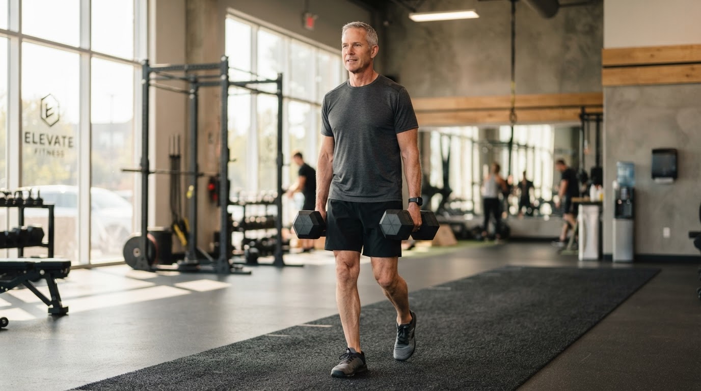 Man over 50 performing practical strength training with dumbbells