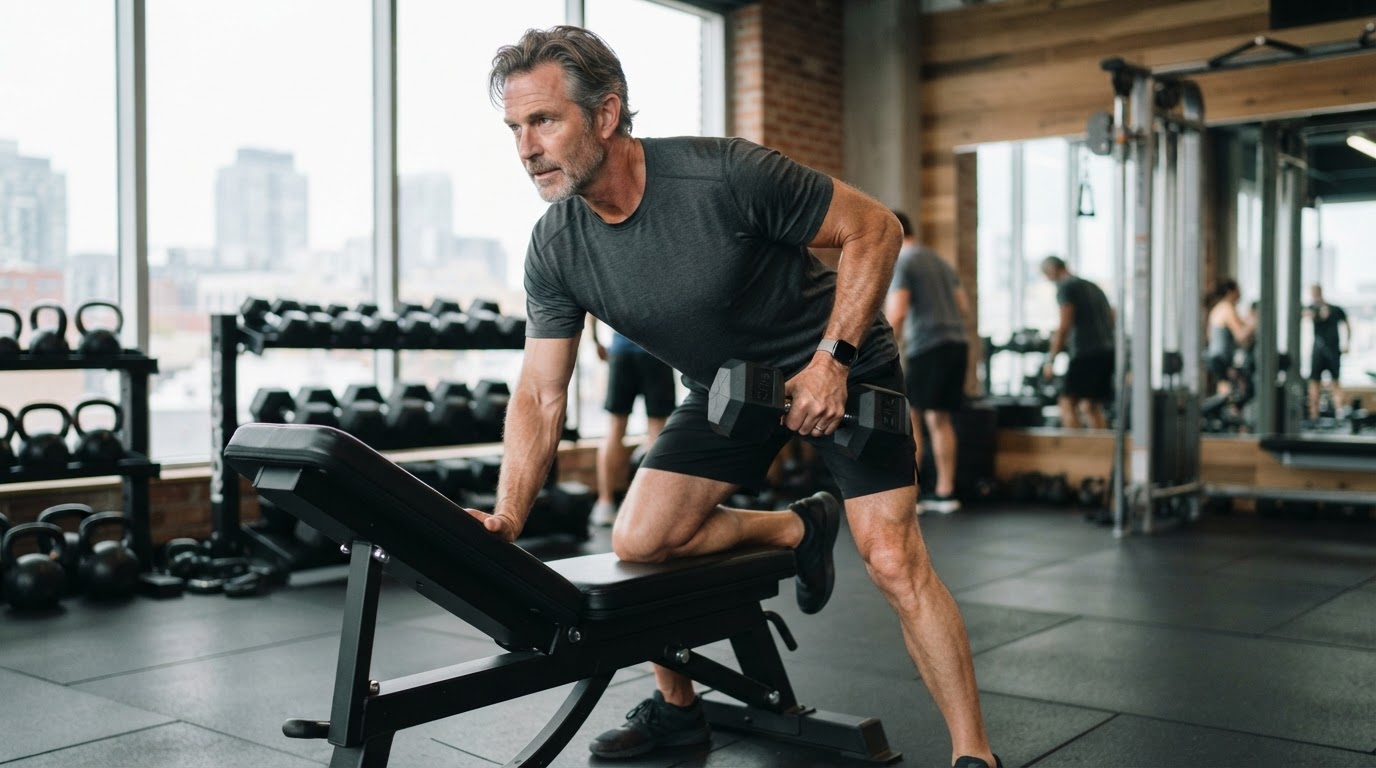 Man over 50 performing practical strength training with dumbbells