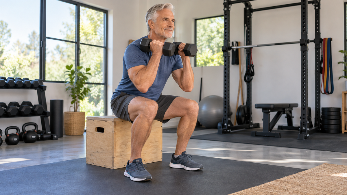 Man over 50 performing a supported lower-body strength exercise with knee-friendly technique
