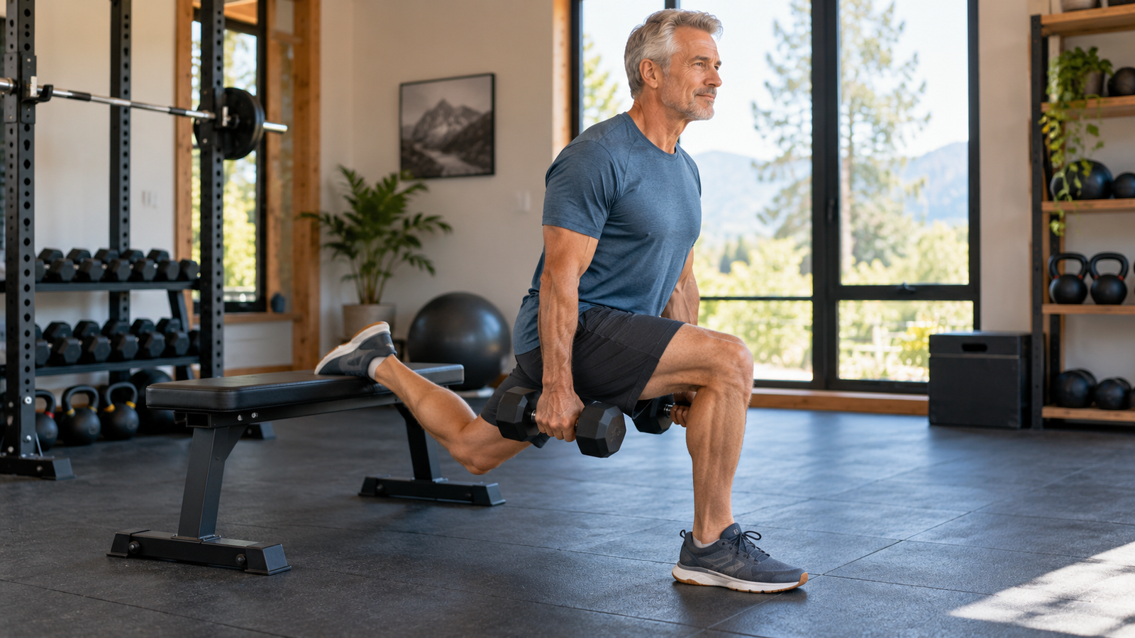 Man over 50 performing a controlled leg-strengthening exercise in a gym