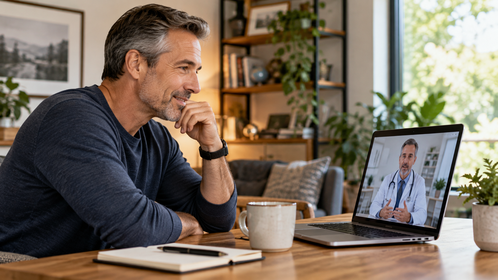 Man over 50 using a telehealth consultation from home