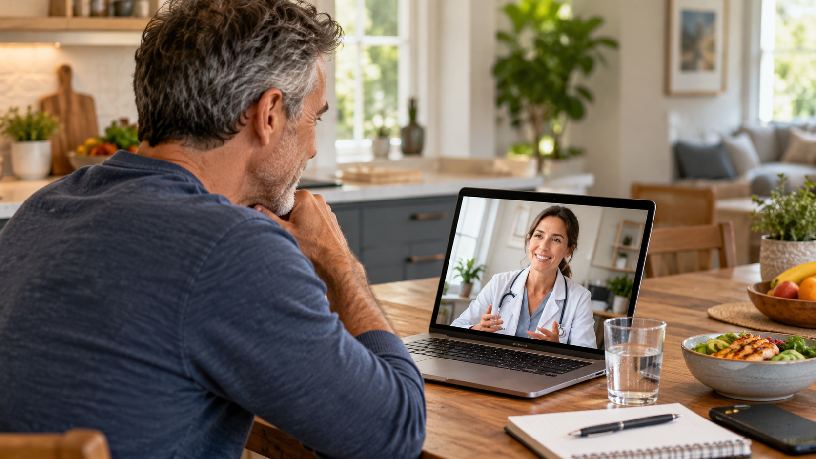 Man over 50 speaking with a healthcare professional during an online visit