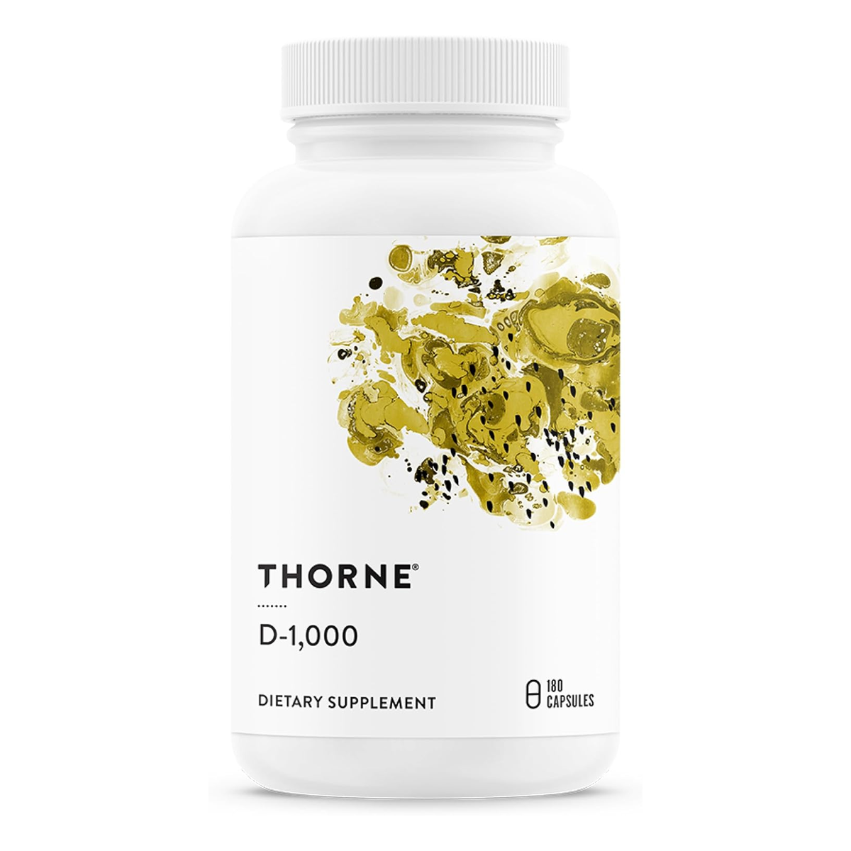 Thorne D-1,000 vitamin D3 supplement bottle, 180 capsules