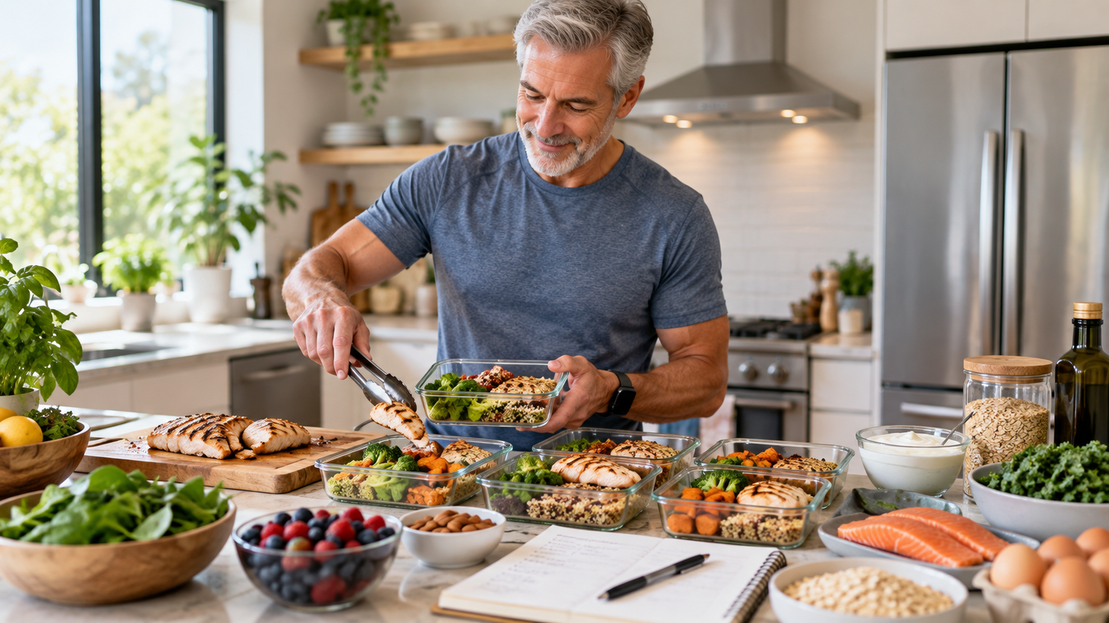 Man over 50 organizing a weekly meal plan and grocery list at a kitchen counter