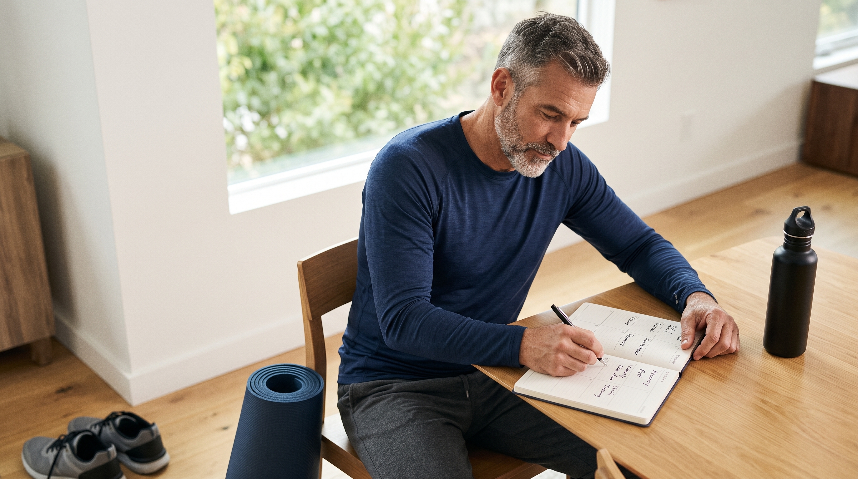 Man over 50 planning a weekly schedule that balances strength training, walking and recovery days