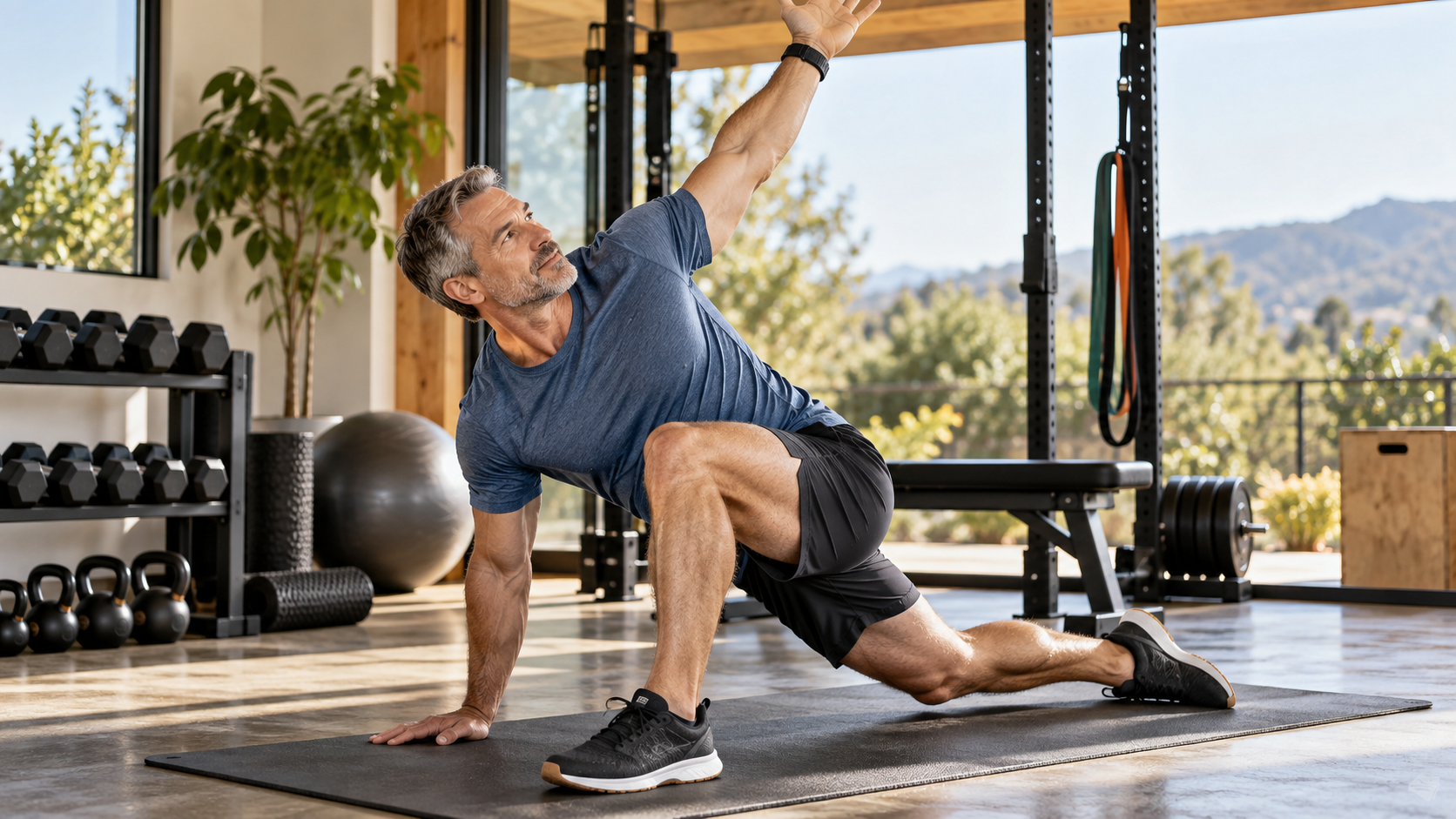 Man over 50 performing a mobility exercise in a home training space