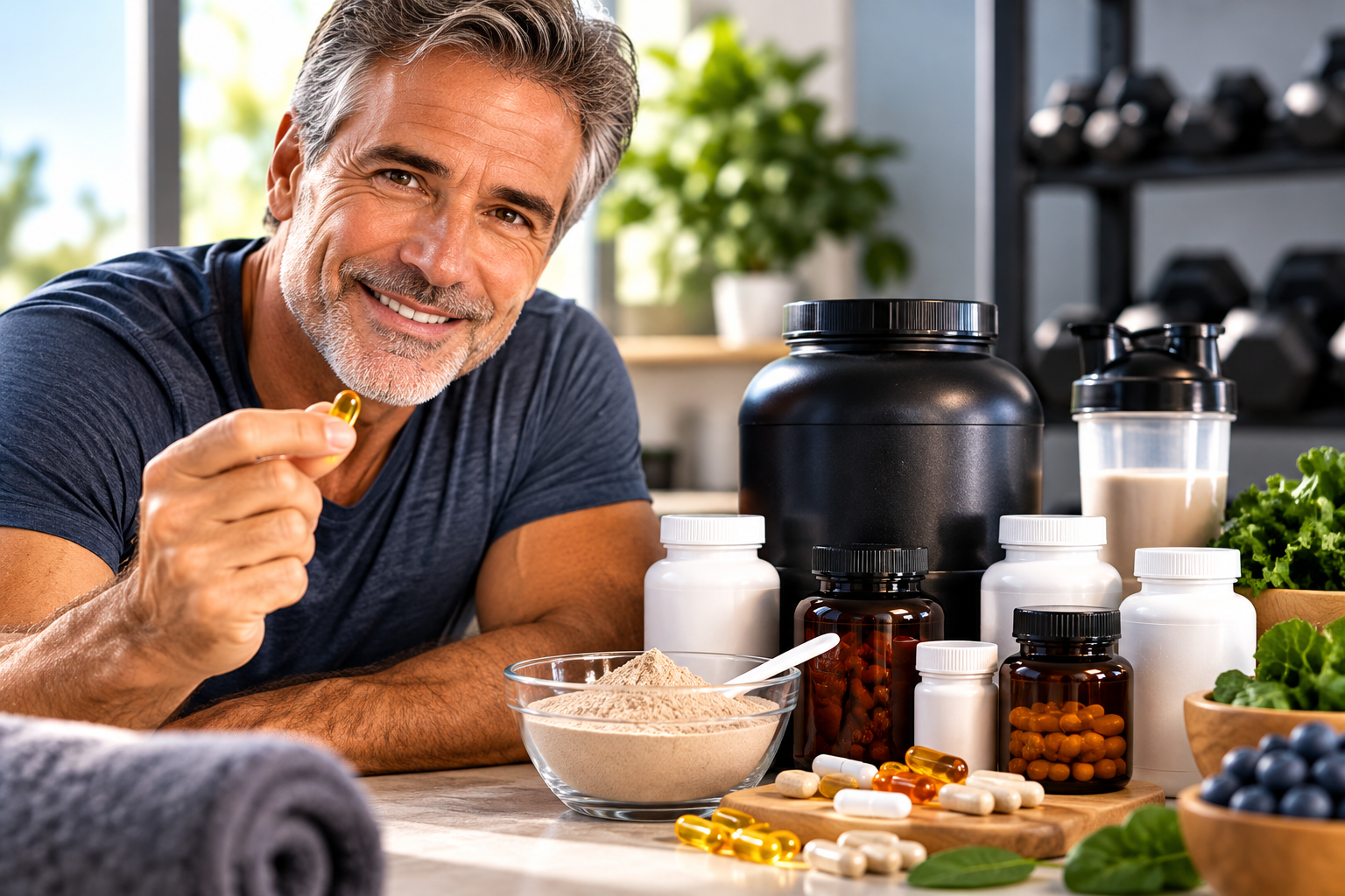 Man over 50 reviewing supplements, protein, and healthy foods for strength and recovery