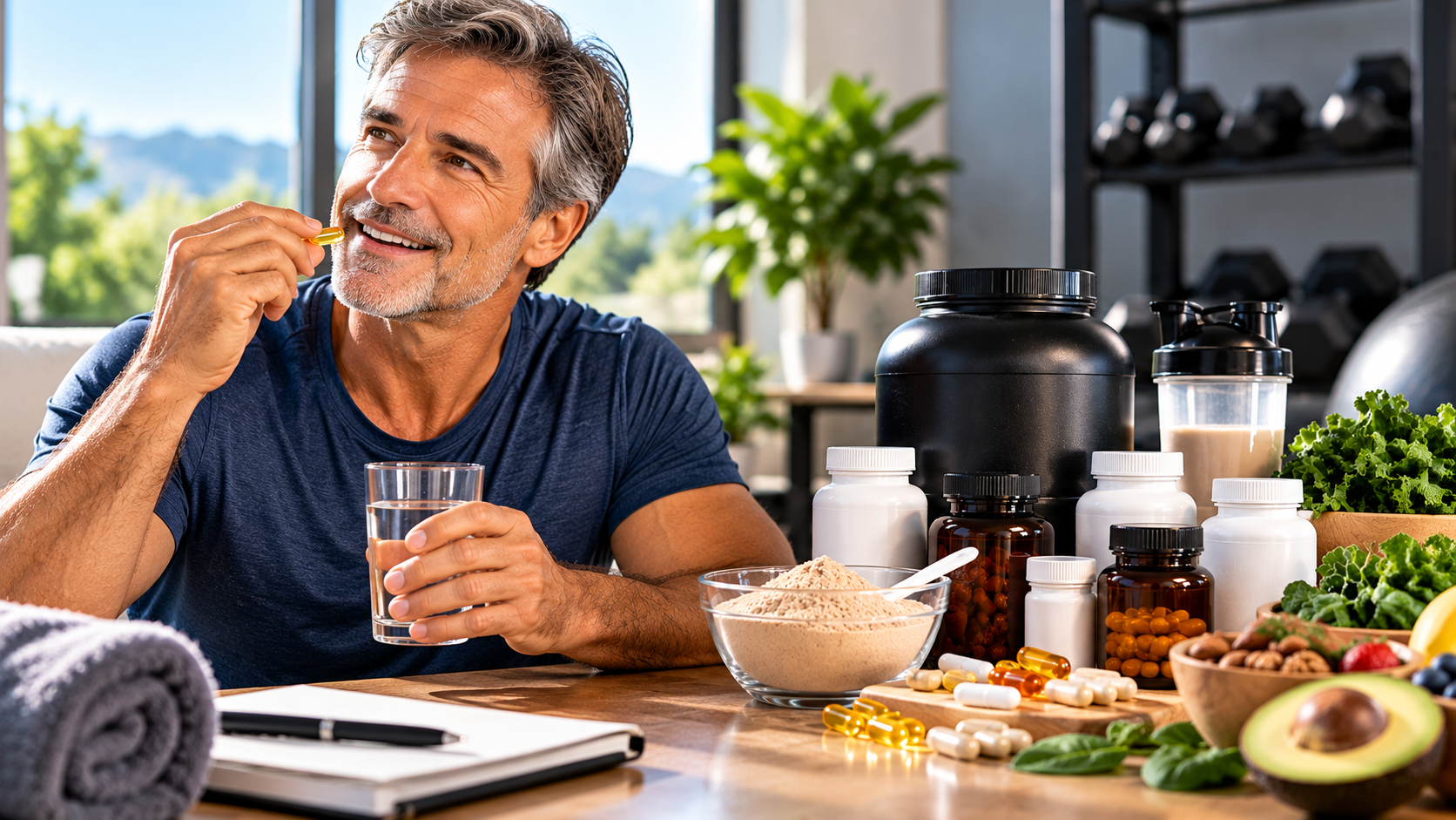 Man over 50 taking a supplement with water beside protein powder and healthy foods